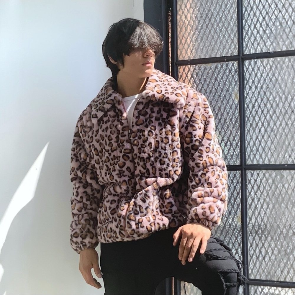 Men's Manzini Pink | Brown Leopard Faux Fur Fuzzy Coat NWT